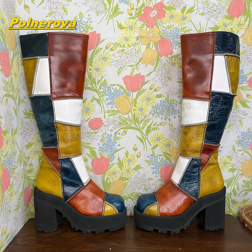 Vintage Fashion Streetwear - Sepatu Boots Kulit Wanita Retro Patchwork