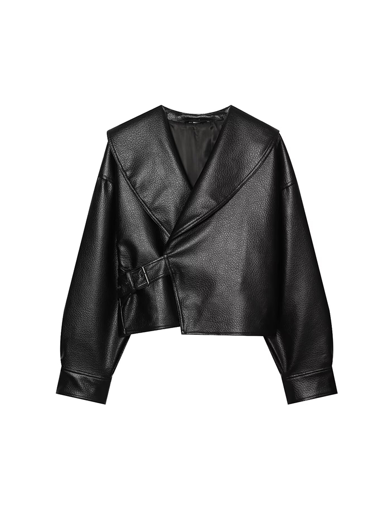 Vintage Fashion Retro Outfit - Jaket Wanita Pendek Kulit PU Berkerah