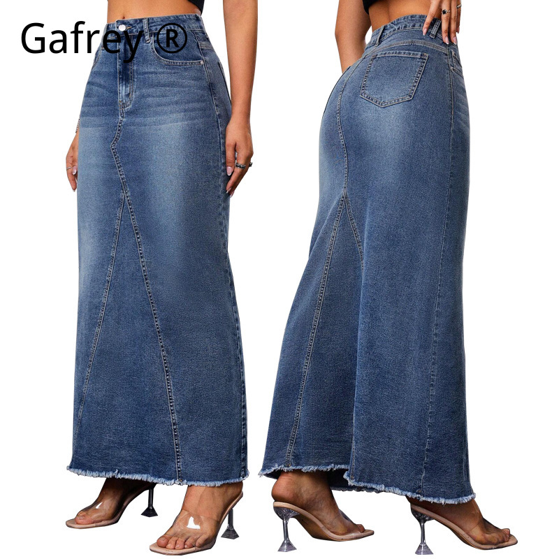 Vintage Fashion Streetwear - Rok Midi Denim Wanita Pinggang Tinggi