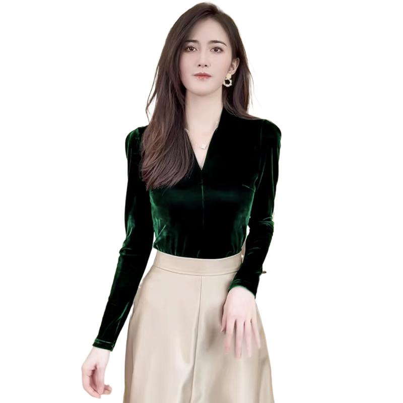 Vintage Fashion Streetwear - Kemeja beludru lengan panjang kerah V