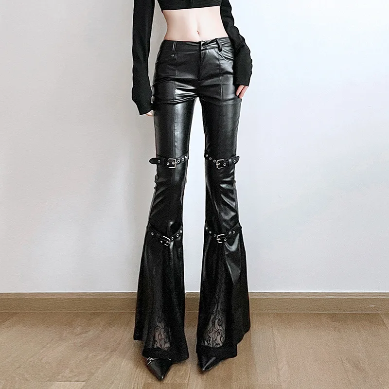 Vintage Fashion Streetwear - Celana Kulot Kulit PU Wanita, Gesper
